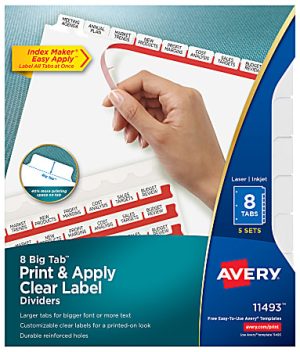 Avery® Big Tab® Print & Apply Clear Label Dividers with Index Maker® Easy Apply® Printable Label Strip, 8-Tab, White, Pack of 5 Sets