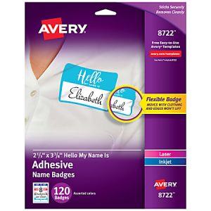Avery Adhesive Name Badges, Hello My Name Is, 2 1/3" x 3 3/8", 8722,  Assorted Colors, Pack Of 120 Badges