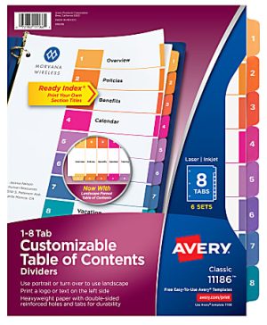 Avery Ready Index 1-8 Tab Binder Dividers With Customizable Table Of Contents, 8-1/2" x 11", 8 Tab, White/Multicolor, Pack Of 6 Sets