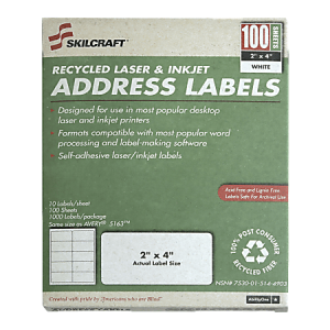 SKILCRAFT Permanent Inkjet/Laser Address Labels, NSN5144903, Rectangle, 2" x 4", White, Box Of 100 Sheets (AbilityOne 7530-01-514-4903)