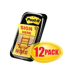 Post-it® Message Flags, "Sign Here", 1" x 1-11/16", Yellow, 50 Flags Per Pad, Pack Of 12 Pads