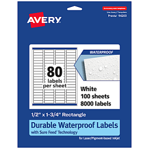 Avery Waterproof Permanent Labels With Sure Feed, 94203-WMF100, Rectangle, 1/2" x 1-3/4", White, Pack Of 8,000