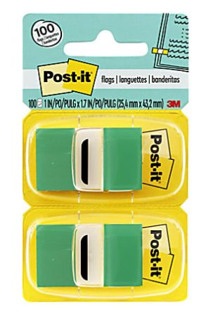Post-it Flags, 1" x 1 -11/16", Green, 50 Flags Per Pad, Pack Of 12 Pads
