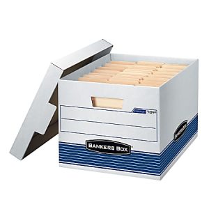 Bankers Box Stor/File Medium-Duty Storage Boxes With Locking Lift-Off Lids And Built-In Handles, Letter/Legal Size, 15 x 12" x 10", 60% Recycled, White/Blue, Case Of 4