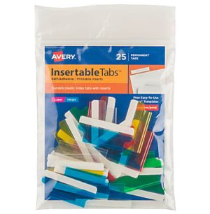 Avery Insertable Self-Adhesive Index Tabs With Printable Inserts, 1-1/2", Assorted (Blue, Clear, Green, Red, Yellow), Pack Of 25