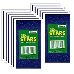 Eureka Presto-Stick Foil Star Stickers, 1/2", Blue, 250 Stickers Per Pack, Set Of 12 Packs