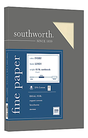 Southworth 25% Cotton Linen Cover Stock, 8 1/2" x 11", 65 Lb, Ivory, Pack Of 100