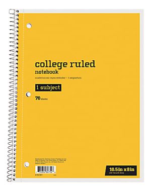 Just Basics Spiral Notebook, 8" x 10-1/2", 1 Subject, College Ruled, 70 Sheets, Yellow