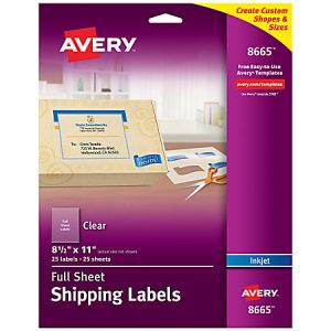 Avery Easy Peel Clear Full-Sheet Labels, 8665, Full Sheet, 8 1/2" x 11", Box Of 25