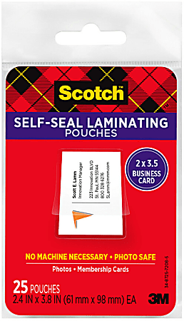 Scotch Self-Seal Laminating Pouches for Business Cards LS851G, 2-7/16" x 3-7/8", Pack Of 25 Laminating Sheets
