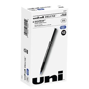 uni-ball Deluxe Rollerball Pens, Micro Point, 0.5 mm, Charcoal Barrel, Blue Ink, Pack Of 12