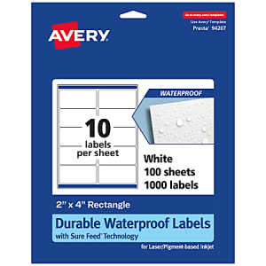 Avery Waterproof Permanent Labels With Sure Feed, 94207-WMF100, Rectangle, 2" x 4", White, Pack Of 1,000