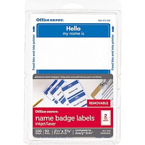 Office Depot Brand Hello Name Badge Labels, 2 11/32" x 3 3/8", Blue Border, Pack Of 100