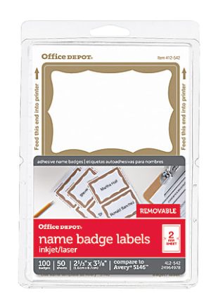 Office Depot Brand Name Badge Labels, 2 11/32" x 3 3/8", Gold Border, Pack Of 100