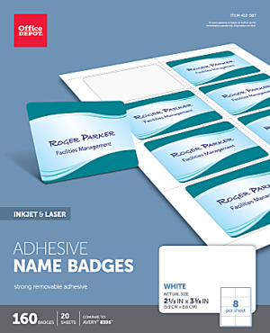 Office Depot Brand Adhesive Name Badges, 2-1/3" x 3-3/8", White, Pack Of 160