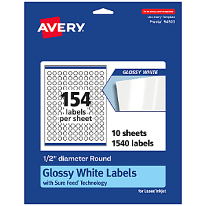 Avery Glossy Permanent Labels With Sure Feed, 94503-WGP10, Round, 1/2" Diameter, White, Pack Of 1,540