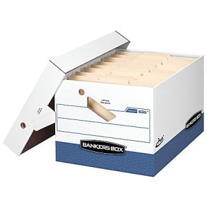 Bankers Box Presto Heavy-Duty Storage Boxes With Locking Lift-Off Lids And Built-In Handles, Letter/Legal Size, 15" x 12" x 10", 60% Recycled, White/Blue, Case Of 2