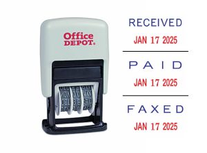 Office Depot Brand Date Message Stamp Dater Paid, Received, Faxed, Self-Inking 3-In-1  Micro Date Message Stamp Dater, 1-1/16" x 5/8" Impression, Red/Blue  Ink