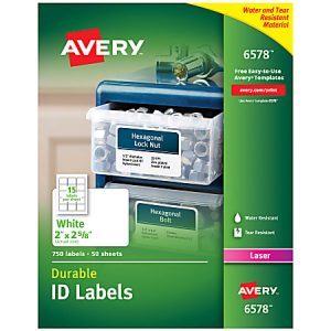 Avery Permanent Durable ID Labels With TrueBlock, 6578, Rectangle, 2" x 2-5/8", White, Pack Of 750