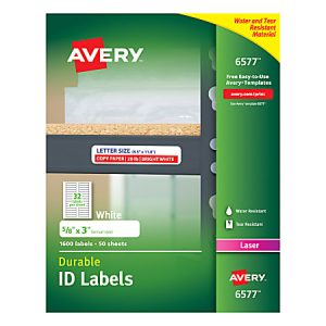 Avery Permanent Durable ID Labels With TrueBlock, 6577, 5/8" x 3", White, Pack Of 1,600