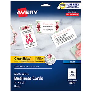 Avery Clean Edge Printable Business Cards With Sure Feed Technology For Inkjet Printers, 2" x 3.5", White, 200 Blank Cards