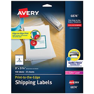 Avery Print-to-the-Edge Shipping Labels With Sure Feed For Color Laser Printers, 6874, Rectangle, 3" x 3-3/4", White, Pack Of 150