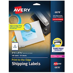 Avery Print-to-the-Edge Shipping Labels With Sure Feed For Color Laser Printers, 6878, Rectangle, 3-3/4" x 4-3/4", White, Pack Of 100