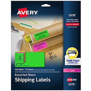 Avery Neon Shipping Labels With Sure Feed, 5978, Rectangle, 2"x4", Assorted Neon Colors, Pack Of 150