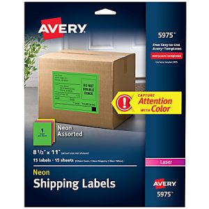 Avery Color Permanent Laser Full-Sheet Labels, 5975, 8 1/2" x 11", Assorted Colors, Pack Of 15