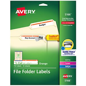 Avery TrueBlock Permanent Inkjet/Laser File Folder Labels, 5166, 9/16" x 3 7/16", Orange, Box Of 750