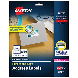 Avery Print-To-The-Edge Permanent Address Laser Labels, 6871, 1 1/4" x 2 3/8", White, Pack Of 450