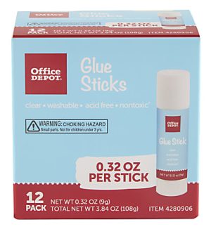 Office Depot Brand Glue Sticks, 0.32 Oz, Clear, Pack Of 12 Glue Sticks