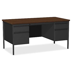 Lorell Fortress Series 60"W Steel Double Pedestal Writing Desk, Black /Walnut