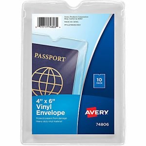 Avery Vinyl File Envelopes, Passport Holder, Holds Up To 30 Sheets, 4" x 6", Clear, 10 Vinyl Envelopes