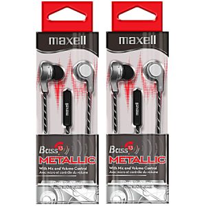 Maxell Bass13 Metallic Earbuds With Mic & Volume Control, Silver, Pack Of 2 Pairs Of Earbuds