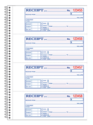 Adams Carbonless 2-Part Spiral Money/Rent Receipt Book, 7 5/8" x 11", Book Of 200 Sets