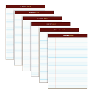 TOPS Docket Gold Perforated Writing Pads, 8 1/2" x 11 3/4", Narrow Ruled, 50 Sheets, White, Pack Of 6 Pads
