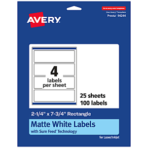 Avery Permanent Labels With Sure Feed, 94244-WMP25, Rectangle, 2-1/4" x 7-3/4", White, Pack Of 100