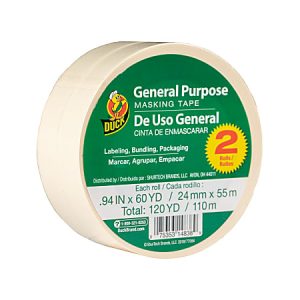Duck Brand General Purpose Masking Tape Rolls, Removable, 1" x 60 Yd, Beige, Set Of 2 Rolls