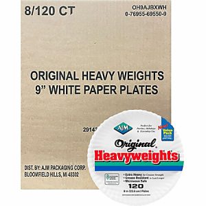 AJM 9" Original Heavyweight Plates - 120 / Pack - Serving, Reheating - Disposable - Microwave Safe - White - Paper Body - 8 / Carton
