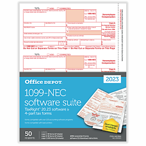 Office Depot Brand 1099-NEC Laser Tax Forms With Software, 4-Part, 3-Up, 8-1/2" x 11", Pack Of 50 Form Sets