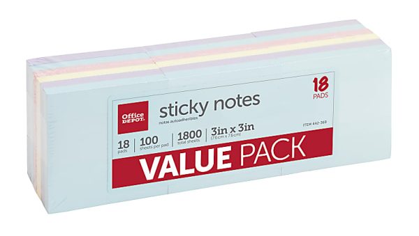 Office Depot Brand Sticky Notes Value Pack, 3" x 3", Assorted Pastel Colors, 100 Sheets Per Pad, Pack Of 18 Pads