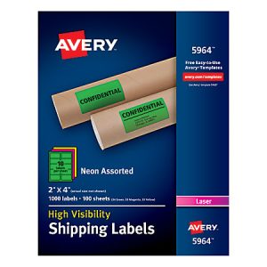Avery High-Visibility Shipping Labels, AVE5964, 2" x 4", Assorted Colors, Box Of 1000