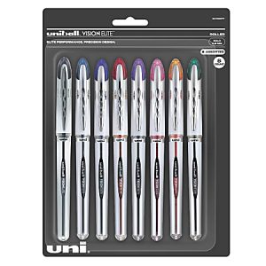 uni-ball Vision Elite Liquid Ink Rollerball Pens, Bold Point, 0.8 mm, Black Barrel, Assorted Ink Colors, Pack Of 8