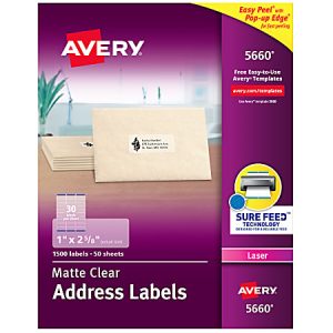 Avery Matte Address Labels With Sure Feed Technology, 5660, Rectangle, 1" x 2-5/8", Clear, Pack Of 1,500