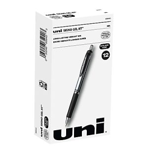uni-ball Signo Gel RT Retractable Pens, Medium Point, 0.7 mm, Silver Barrel, Black Ink, Pack Of 12 Pens