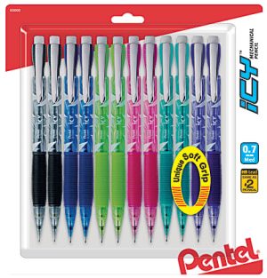 Pentel Icy Mechanical Pencils, 0.7mm, #2 Lead, Assorted Barrel Colors, Pack Of 12
