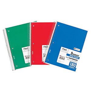 Mead Spiral Notebooks, 8" x 10-1/2", 5 Subject, Wide Ruled, 180 Sheets, Assorted Colors, Pack Of 3 Notebooks