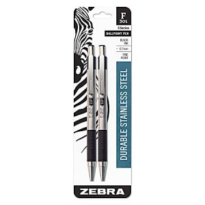 Zebra® BCA F-301 Ballpoint Pens, Fine Point, 0.7 mm, Stainless Steel Barrel, Black Ink, Pack Of 2