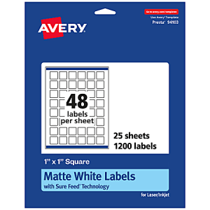 Avery Permanent Labels With Sure Feed, 94103-WMP25, Square, 1" x 1", White, Pack Of 1,200